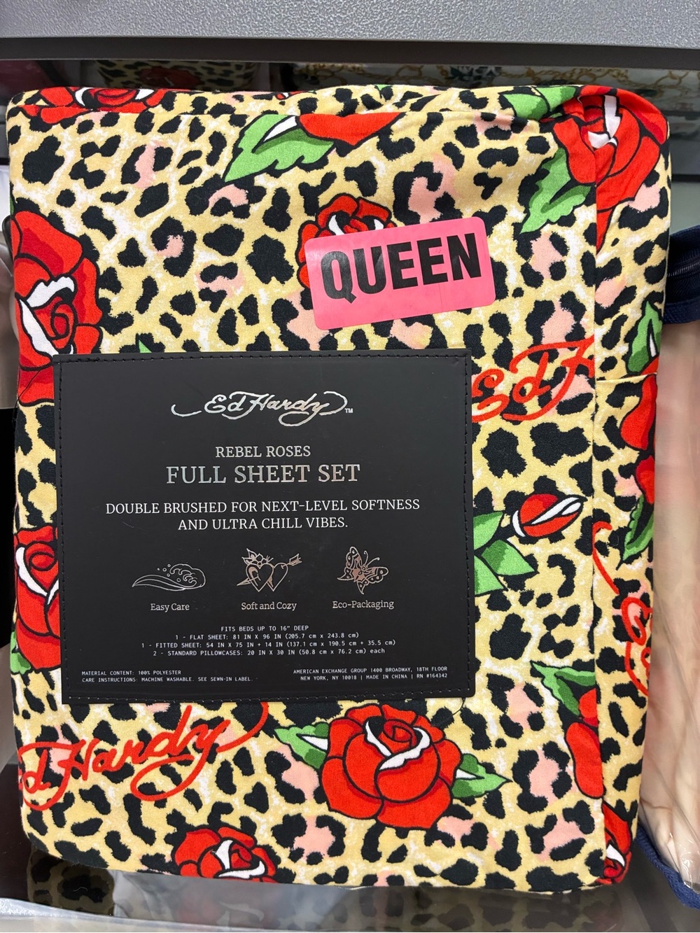 Ed Hardy Floral & Leopard Queen Sheet Set - Red Rose on Beige